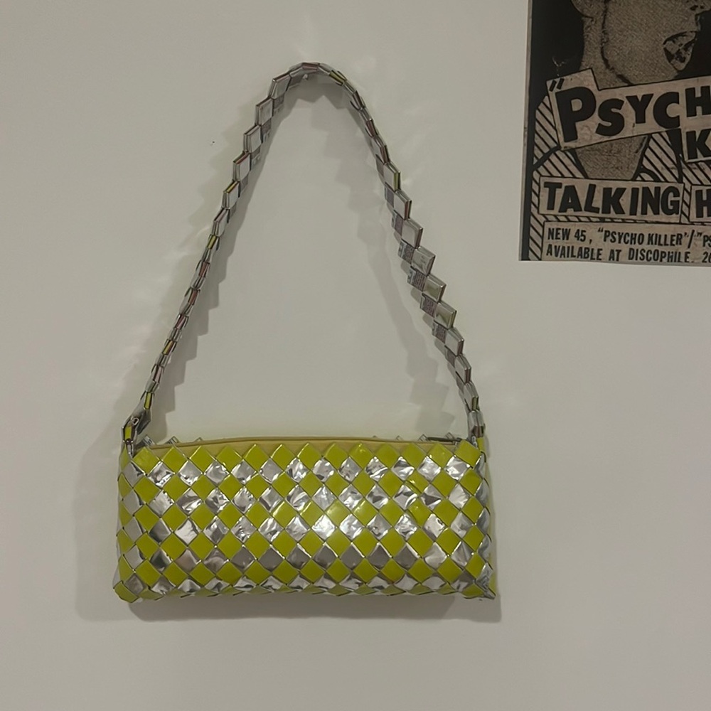 Recycled Woven Neon Yellow and Silver Shoulder Bag